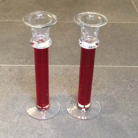 Other - Pair of 10” contemporary red glass candlestick holders